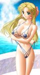  aqua_eyes artist_request bikini blonde_hair blue_bikini bow breasts copyright_request day earrings half_updo heart heart_earrings heterochromia huge_breasts jewelry long_hair red_eyes side-tie_bikini solo swimsuit 