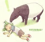  1girl artist_request brown_shorts closed_eyes green_background green_hair highres koiwai_yotsuba lying on_side open_mouth quad_tails raglan_sleeves red_footwear shirt shoes short_sleeves shorts sleeping solo tapir yotsubato! 