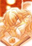  book carnelian closed_eyes highres ken-chan lilith_(yamibou) long_hair long_sleeves monochrome orange_(color) sketch sleeping solo yami_to_boushi_to_hon_no_tabibito 