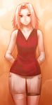  against_wall arms_behind_back bandages bike_shorts chiba_toshirou elbow_pads hairband haruno_sakura naruto_(series) naruto_shippuuden pink_hair short_hair silver_eyes skirt smile solo tank_top 