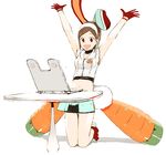  animal_ears arms_up brown_hair bunny_ears carrot computer densha_otoko getsumento_heiki_miina gloves hairband happy kneeling laptop midriff okama outstretched_arms red_eyes red_gloves short_hair solo tsukishiro_mina victory_pose 