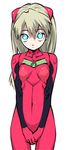  alternate_hair_color bangs blue_eyes bodysuit breasts covered_navel covering covering_crotch cowboy_shot frown gloves hair_between_eyes hands_together headgear light_brown_hair long_hair looking_at_viewer neon_genesis_evangelion nishieda no_pupils number plugsuit red_bodysuit simple_background small_breasts solo souryuu_asuka_langley standing turtleneck v_arms white_background 