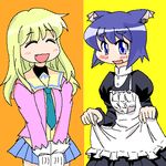  :d ^_^ animal_ears apron artist_request black_dress blonde_hair blue_hair blue_skirt blush buttons closed_eyes cowboy_shot dress dress_lift fang gloves hands_together long_hair long_sleeves looking_at_viewer lowres maid_apron media multiple_girls open_mouth pani_poni_dash! pleated_skirt serizawa_akane short_hair simple_background skirt smile tooth v_arms very_long_hair white_gloves 