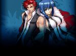  1girl aki_(emina&amp;aki) blue_background blue_hair breasts cigarette emina&amp;aki emina_(emina&amp;aki) green_eyes kagami_hirotaka large_breasts original red_eyes red_hair short_hair sideboob 