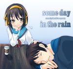  1girl blue_sailor_collar brown_hair closed_eyes deredere kita_high_school_uniform kyon long_sleeves sailor_collar school_uniform serafuku setins short_hair sleeping suzumiya_haruhi suzumiya_haruhi_no_yuuutsu 