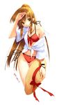  bikini brown_hair hat jewelry long_hair necklace open_clothes open_shirt original ponytail shirt solo swimsuit ueda_ryou very_long_hair yellow_eyes 