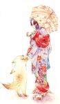  dog full_body japanese_clothes kimono long_sleeves original solo tabi traditional_media umbrella watercolor_(medium) yuufuushi 