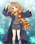  :d arima_natsubon bangs blue_background blunt_bangs brown_eyes curly_hair grey_legwear happy harry_potter head_tilt hermione_granger light_brown_hair long_sleeves looking_at_viewer miniskirt necktie open_mouth pleated_skirt robe scarf school_uniform skirt smile snowflakes solo source_request standing sweater wand witch 