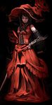  bare_shoulders black_eyes black_hair dress gauntlets hat hirooka_masaki long_hair original red_dress sleeveless solo sword weapon 