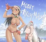  1girl bikini bikini_tan blush breasts christmas collar day fat fat_man gloves hat huge_breasts komusou loincloth long_hair original red_gloves santa_claus santa_hat shark smile swimsuit tan tanline visor_cap 