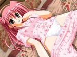  bed blush bow bow_panties brown_eyes game_cg jpeg_artifacts lowres lying moe_love_~natsuiro_moegi_ryou~ on_back pajamas panties pants_pull pink_hair resized solo underwear white_panties yamino_kenji yuzuhara_mayuri 