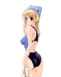  adjusting_hair ass blonde_hair blush brown_eyes competition_swimsuit copyright_request goggles looking_back nishiki_yoshimune one-piece_swimsuit simple_background smile solo swim_cap swimsuit 