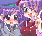  ;d artist_request blush buttons casual frills hat index_finger_raised kashiwagi_yuuma kashiwagi_yuuna long_sleeves looking_at_viewer lowres multiple_girls one_eye_closed open_mouth pani_poni_dash! purple_eyes purple_hair siblings sisters smile tears twins uniform upper_body 