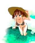  aqua_eyes bikini from_above hat highres long_hair looking_at_viewer navel original ryuuta_(msxtr) sandals sitting smile soaking_feet solo straw_hat sun_hat swimsuit twintails water 
