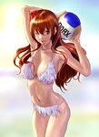  armpits bikini breasts brown_eyes brown_hair cleavage dead_or_alive flower hair_flower hair_ornament kasumi_(doa) large_breasts lipstick long_hair makeup nekoi_mie one_eye_closed solo swimsuit volleyball white_bikini 