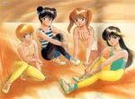  80s ayukawa_madoka black_hair blonde_hair brown_hair hiyama_hikaru kasuga_kurumi kasuga_manami kimagure_orange_road leotard multiple_girls oldschool pantyhose takada_akemi watermark yellow_legwear 