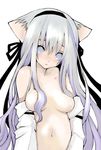  animal_ears blue_eyes blush breasts cat_ears copyright_request detached_sleeves hairband long_hair medium_breasts nude pale_skin purple_hair ribbon saibashi solo upper_body 
