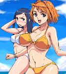  adjusting_hair bikini blush breast_envy breasts day huge_breasts kuga_natsuki long_hair multiple_girls my-hime nigou oekaki orange_hair purple_eyes short_hair swimsuit thighs tokiha_mai 