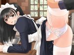  1girl apron arm_support bent_over black_eyes black_hair blue_dress blush dress dress_lift flexible game_cg garter_belt genmukan hetero lace lace-trimmed_panties leg_lift lingerie long_hair long_sleeves maid maid_headdress panties pantyshot smile solo_focus split spread_legs standing standing_on_one_leg standing_split tanaka_takayuki thighhighs underwear watase_nozomi white_legwear white_panties 