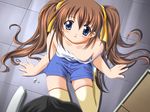  :o blue_eyes blush brown_hair camisole downblouse embarrassed flat_chest from_above game_cg hair_ribbon iwasaki_kouji long_hair looking_at_viewer mashita_misao nipple_slip nipples no_bra on_floor open_mouth pov ribbon shorts sitting solo_focus strap_slip tanjoubi thighhighs twintails very_long_hair yellow_legwear younger 