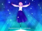  ahoge arcueid_brunestud black_legwear blonde_hair closed_eyes dress full_moon glitter glowing long_skirt long_sleeves moon outstretched_arms pantyhose pullover purple_skirt reflection shoes short_hair skirt smile solo spread_arms sweater takeuchi_takashi tsukihime turtleneck wallpaper water 