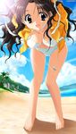  barefoot beach bent_over bikini black_hair blue_eyes day feet game_cg kadoi_aya kakyuusei_2 long_hair outdoors shirai_yuuri solo swimsuit watermark 