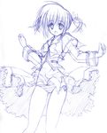  blush bow bow_panties dress graphite_(medium) hair_ribbon long_sleeves luna_lia lyrical_nanoha mahou_shoujo_lyrical_nanoha monochrome panties ribbon short_hair short_twintails sketch solo standing striped striped_panties takamachi_nanoha traditional_media twintails underwear wind wind_lift 