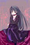  altrouge_brunestud artist_request black_hair chin_rest choker grey_background long_hair long_sleeves purple_background red_eyes smile solo tsukihime 