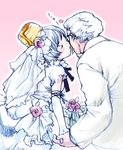  1girl bisuke-tan colonel_sanders couple dress glasses hetero kfc kiss long_sleeves nekomata_naomi object_on_head wedding wedding_dress 