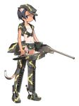  animal_ears backpack bag black_hair camouflage camouflage_hat cat_ears cat_tail crop_top fanny_pack flat_chest front-tie_top fundoshi grey_eyes gun hat holding imperial_japanese_army japanese_clothes konami_mecha_musume looking_at_viewer looking_back mecha_musume midriff military navel one-piece_tan open_clothes open_shirt original profile sarashi shimada_fumikane shirt short_hair simple_background solo standing tail tan tanline tied_shirt type_95_ha-gou_(personification) weapon world_war_ii 