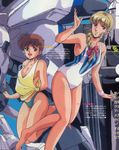  80s :d arm_behind_back bangs barefoot bikini_bottom black_eyes blonde_hair blunt_bangs bow braid breasts brown_hair casual_one-piece_swimsuit cleavage covered_nipples d-1 hair_bow jumping kikou_senki_dragonar legs linda_plato long_hair loose_clothes loose_shirt mecha medium_breasts multiple_girls no_bra official_art oldschool one-piece_swimsuit oobari_masami oonuki_ken'ichi open_mouth purple_eyes rose_patterson scan shirt short_hair sideboob single_braid smile standing striped striped_swimsuit swimsuit tank_top tied_shirt translation_request waving wristband 