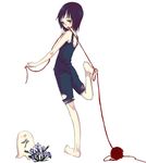  artist_request bare_shoulders barefoot black_hair flower from_behind full_body green_eyes leg_up looking_at_viewer looking_back mouth_hold original overall_shorts overalls short_hair smile solo standing standing_on_one_leg torn_clothes yarn yarn_ball 