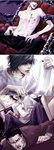  arm_grab bags_under_eyes black_hair blood brown_hair chair death_note glasses hair_over_eyes l_(death_note) lily_(artist) long_sleeves male_focus multiple_boys open_fly paper realistic ryuk shirtless sitting skull unzipped yagami_light yagami_souichirou 