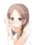  brown_hair copyright_request glasses jirou_(chekoro) long_sleeves peeking_out ponytail solo trembling 