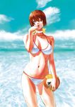  ball beach bikini breasts choker covered_nipples cowboy_shot day dead_or_alive finger_to_mouth holding holding_ball imagining kasumi_(doa) large_breasts looking_at_viewer navel nekoi_mie outdoors solo swimsuit volleyball white_bikini 