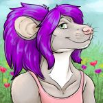  2019 anthro blue_sky bust_portrait clothed clothing cloud day detailed_background digital_media_(artwork) female flower front_view fur grass gravewalker green_eyes grey_fur hair hi_res long_hair mammal multicolored_fur outside pink_clothing pink_nose pink_shirt pink_topwear plant portrait purple_hair rat rodent shirt sky solo standing tank_top two_tone_fur whiskers white_fur 