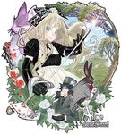  1girl alice_(wonderland) alice_in_wonderland artist_request bird bow bunny card castle cat cheshire_cat floating_card flower gloves hat mad_hatter pocket_watch rapier rose sword tea top_hat tree watch weapon white_flower white_rabbit white_rose 