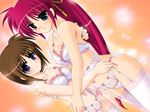  blue_eyes blush bra brown_hair derivative_work garter_belt high_ponytail hug lingerie lyrical_nanoha mahou_shoujo_lyrical_nanoha mahou_shoujo_lyrical_nanoha_a's multiple_girls panties pink_hair short_hair signum thighhighs third-party_edit tsuzuki_maki underwear underwear_only yagami_hayate yuri 