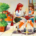  90s blue_skirt chair food fujisaki_shiori hairband half_updo ice_cream kokura_masashi mikihara_megumi multiple_girls official_art oldschool open_mouth parfait plant pocky potted_plant scan shoes sitting skirt socks spoon stairs sundae table tablecloth tokimeki_memorial tokimeki_memorial_1 