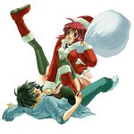  1girl ahoge artist_request black_hair blue_eyes boots christmas couple gundam gundam_seed gundam_seed_destiny hetero knee_boots long_sleeves lunamaria_hawke santa_costume shinn_asuka short_hair thighhighs 