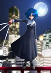  artist_request black_keys blue_hair ciel long_sleeves short_hair solo standing_on_object sword tsukihime weapon 