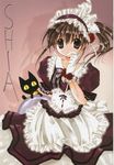  apron black_cat brown_eyes brown_hair cat character_name flower gloves hairband hand_on_own_face highres koge_donbo lolita_hairband long_hair maid nyaa-san pita_ten ponytail red_flower red_rose rose scan shia_(pita_ten) solo tray white_gloves 