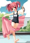  black_school_swimsuit brown_eyes cloud copyright_request day fence goggles name_tag one-piece_swimsuit red_hair sazaki_ichiri school_swimsuit solo swimsuit 