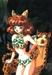  :d :q amazon animal_ears animal_print bikini blue_eyes blush breasts brown_hair cat_ears copyright_request highres leopard leopard_print medium_breasts mon_mon nature navel oldschool open_mouth outdoors scan short_hair smile solo sports_bikini standing swimsuit tongue tongue_out torn_clothes tree turtleneck underboob wide_hips 