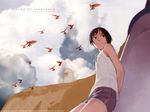  arm_behind_back bird black_eyes black_hair cloud copyright_request cutoff_jeans cutoffs day denim denim_shorts short_hair shorts sky smile takamichi 