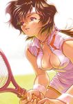  breasts brown_hair cleavage copyright_request covered_nipples jewelry kobayashi_yuuji leaning_forward medium_breasts necklace ponytail purple_eyes racket solo squatting sweat tennis tennis_dress tennis_racket wristband 