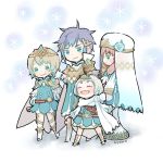  1boy 3girls artist_name ayawo blonde_hair blue_hair brother_and_sister cape chibi closed_mouth crown dress eyes_closed feather_trim fire_emblem fire_emblem_heroes fjorm_(fire_emblem_heroes) from_side gradient_hair gunnthra_(fire_emblem) hair_ornament hrid_(fire_emblem_heroes) long_hair long_sleeves multicolored_hair multiple_girls nintendo pink_hair short_dress short_hair siblings silver_hair sisters smile standing tiara veil white_hair ylgr_(fire_emblem_heroes) 