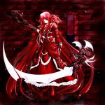  copyright_request dress frills hair_ribbon hisame_shizuki jpeg_artifacts long_hair red red_dress red_eyes red_hair ribbon scythe solo very_long_hair weapon 