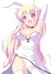  animal_ears armpits arms_up breasts bunny_ears bunny_girl choker cleavage copyright_request dress elbow_gloves gloves large_breasts long_hair open_mouth panties pantyshot pantyshot_(standing) solo standing strapless thighhighs underwear very_long_hair white_dress white_gloves white_legwear white_panties yoshinari_atsushi 