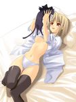  animal arcueid_brunestud bed black_legwear blonde_hair blush bow breasts cat covered_nipples dress_shirt duplicate fang highres len len_(cat) lying no_bra no_pants on_back open_clothes open_shirt panties red_eyes shingo_(missing_link) shirt short_hair sleeves_pushed_up small_breasts solo thigh_gap thighhighs tsukihime underboob underwear wallpaper white_panties 